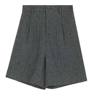 sdeer圣迪奥女装松紧拼接格纹插袋毛呢A字短裤S23480903