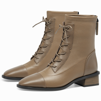 蹀愫绑带弹力瘦瘦靴方粗跟短靴
