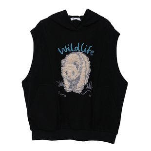 MOVEUP幻走2025冬季新款.FUN系列连帽无袖绣花贴袋短款卫衣女