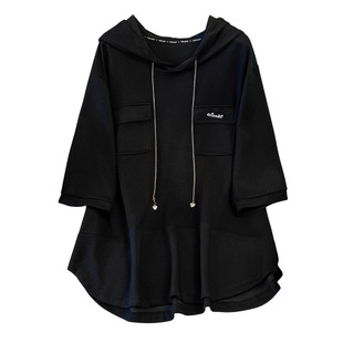 秋韩版加肥中长款连帽卫衣女300斤特大码胖mm宽松中长款七分袖T恤