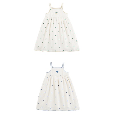 幼悠女童甜甜果实十字刺绣吊带长裙夏季撞色曲牙精湛密边连衣裙潮