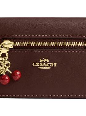 【新款】COACH/蔻驰奥莱女士牛皮革樱桃挂件装饰卡包小巧轻薄
