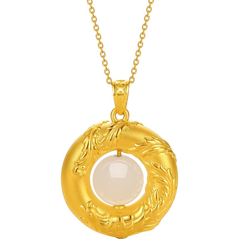 周六福旗舰店和田玉吊坠女金镶玉黄金足金凤凰玉坠挂件节日礼物