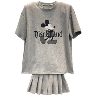 韩国东大门卡通印花垫肩短袖T恤A字半身裙运动百褶短裙子两件套装