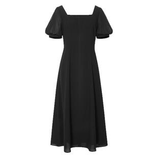 伊芙丽方领显瘦设计感打揽拼接雪纺气质小黑裙女2025春季连衣裙