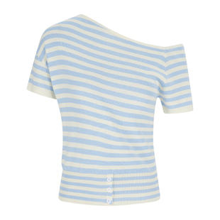MosesQueen魔西女王蓝色条纹斜肩短袖针织衫夏季收腰显瘦露肩上衣