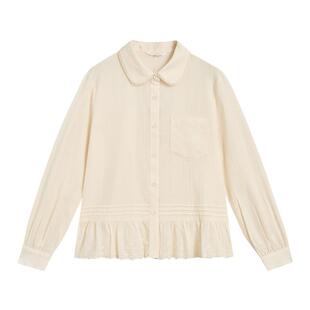 紫涵娃娃领米白长袖衬衫女士秋季新款简约塔克褶拼接花边纯棉衬衣