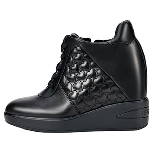 LINGMEICHEN黑色坡跟运动鞋内增高女鞋新款厚底鞋休闲鞋名牌皮鞋