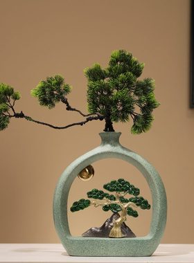 新中式客厅玄关茶几电视酒柜办公室装饰品迎客松花瓶摆件乔迁礼品