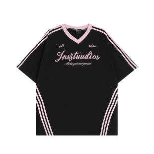 INSstudios 国潮牌情侣美式三条杠撞色拼接V领短袖宽松条纹t恤男