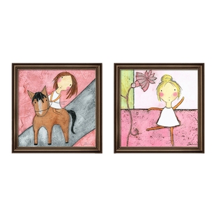 儿童房卧室装饰画抽象画女孩骑马卡通挂画美式床头粉色公主房墙画