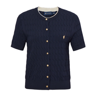 POLOWALK女式短袖针织衫春夏新品复古绞花开衫百搭潮流半袖T