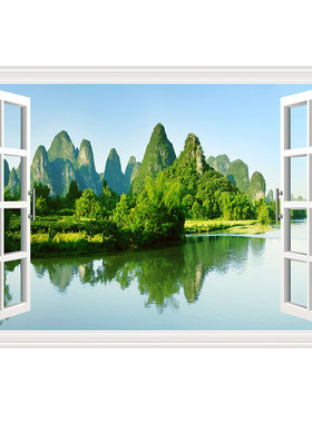 青山绿水假窗画桂林山水风景挂画玄关客厅卧室向日葵唯美自粘壁画