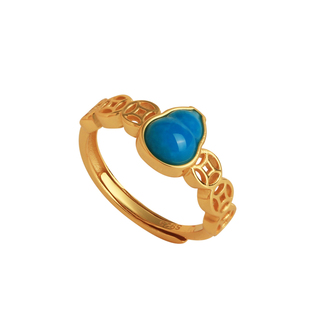 小银匠绿松石纯银开口铜钱葫芦戒指女好运招财中式国风蓝色金镶玉