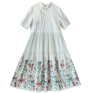 【白云依静】中式复古风偏襟印花连衣裙女2025春季新款立领收腰裙