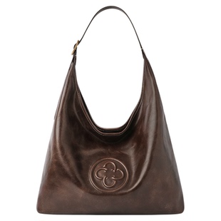 CASSILE卡思乐女包hobo包植鞣牛皮栗棕色大容量托特包单肩包通勤