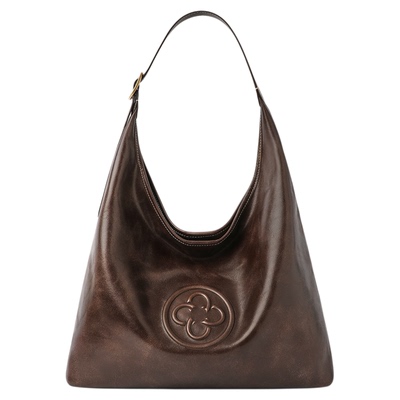 CASSILE卡思乐女包hobo包植鞣牛皮栗棕色大容量托特包单肩包通勤