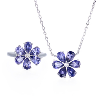 天然堇青石戒指项链套装S925纯银蓝色水滴型宝石花朵饰品灵性灵石