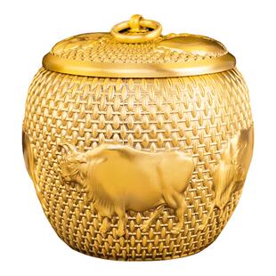 黄铜米缸聚财百福缸聚宝盆茶叶罐带盖大号家居办公室铜器装饰礼品