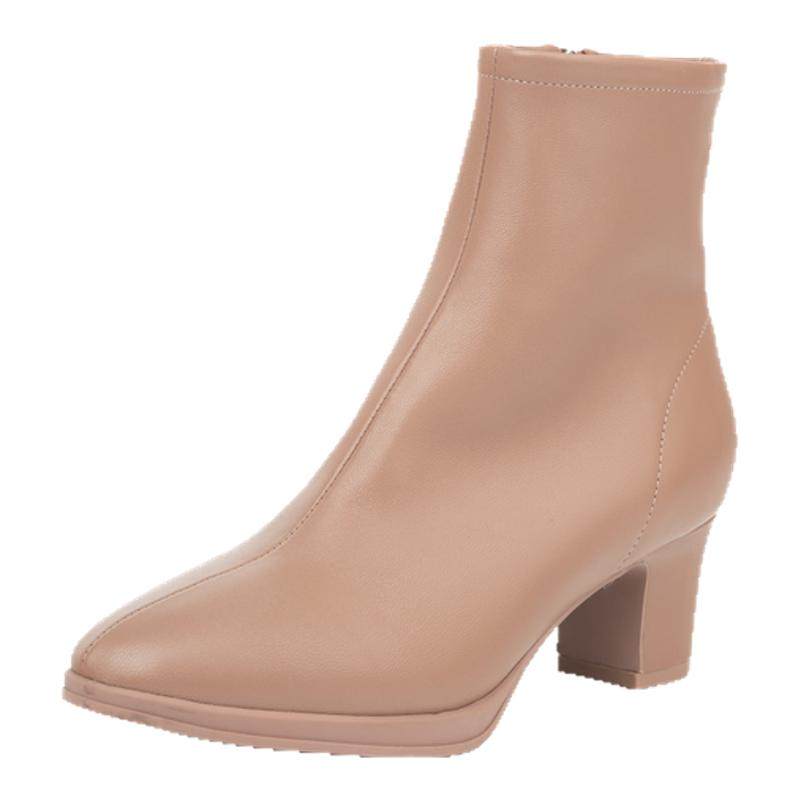 壹家shoes750028羊皮5.5cm防水台女短靴圆头高跟真皮2024秋冬新款