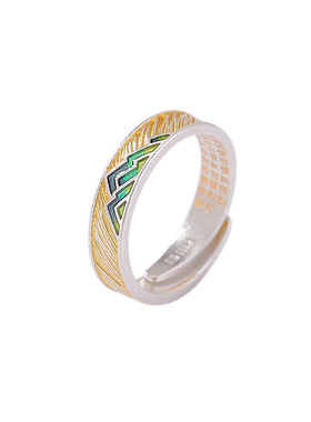 S999.9足银古法描金烧蓝千里江山荷花心经开口国潮活口戒指轻奢