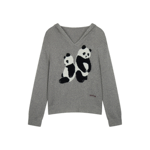 UOOYAA/乌丫2026春季新款「伤心熊猫」嵌花连帽套头毛衫