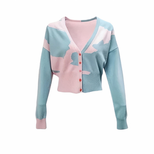 骄阳似火赵今麦同款拼色甜美显瘦长须V领针织开衫2026百搭毛衣潮