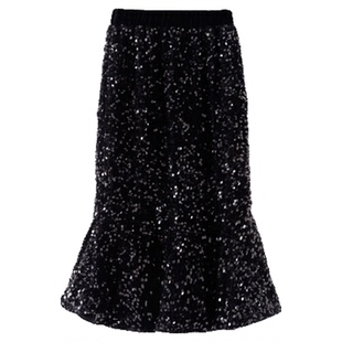 女童丝绒半身裙秋冬新款儿童冬季亮片闪闪长裙子中长款大童鱼尾裙