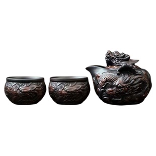 紫陶满雕祥龙手抓壶一壶二杯功夫茶具复古旅行茶具便携式泡茶壶