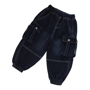 儿童牛仔裤男女宝宝春秋宽松休闲加绒工装束脚长裤子外穿百搭帅气