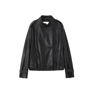 XWI欣未美式复古PU皮外套女2026春季纯色立领小个子短款夹克上衣