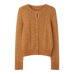 solighter 法式复古羊驼毛圆领开衫女秋冬2025新款钩花显瘦毛衣