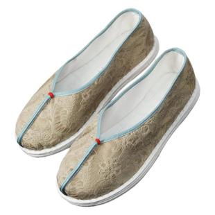 原创国潮 传统古风鞋子纯手工千层底布鞋女 香槟色提花平底汉服鞋