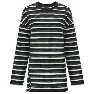 COCOBELLA立体段彩黑白色织条纹长袖T恤女侧开叉休闲上衣TS99-2