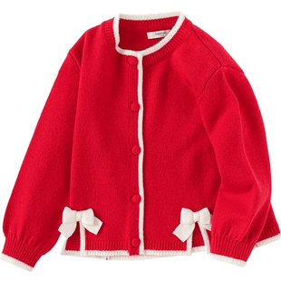 巴拉巴拉女童针织衫外套小童宝宝红色开衫毛衣春秋季新款儿童洋气