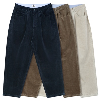 加褶锥形宽松灯芯绒水洗休闲裤