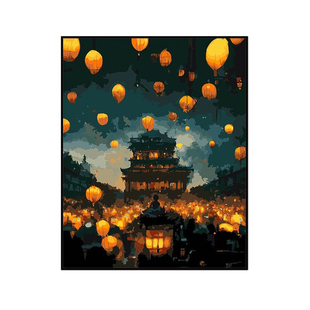 高级diy数字油画风景装饰画手绘丙烯画手工涂色抽象国潮月升沧海