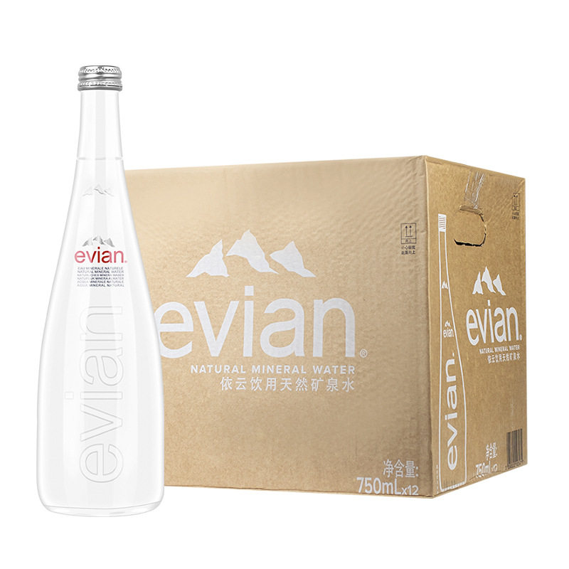 evian依云法国进口矿泉水750ml*12瓶玻璃瓶整箱高端天然饮水
