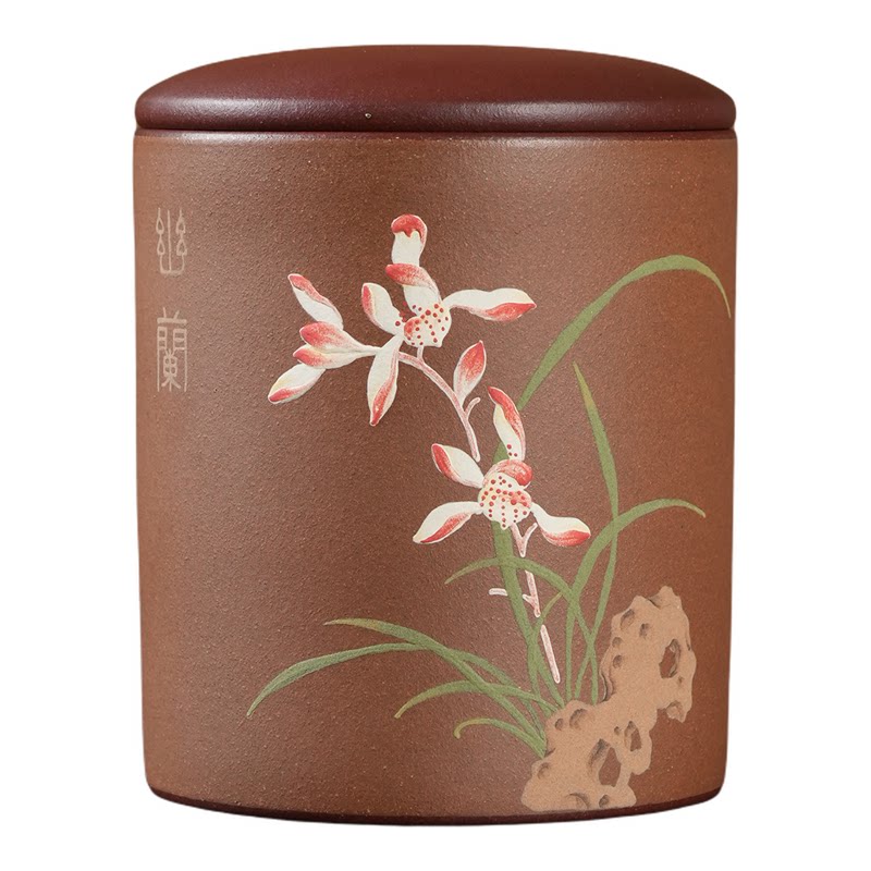 150克泥绘幽兰紫砂茶叶罐小号