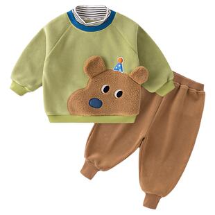 嘟嘟家宝宝加绒套装秋冬男童假两件卫衣裤子两件套女童加绒冬装潮