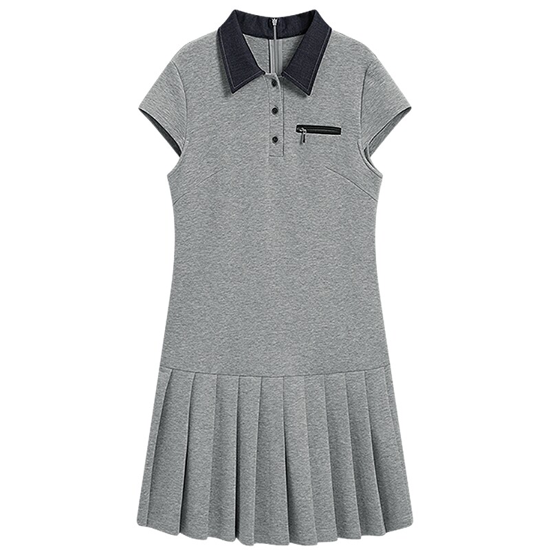 KBNE灰色miu系学院风polo领连衣裙女2026秋季新款短袖小个子裙子