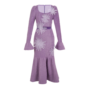 紫色纯欲温柔风方领针织连衣裙女通勤气质喇叭袖绒毛别致鱼尾长裙