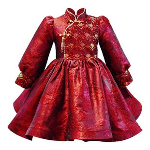 女童连衣裙2025冬装新款儿童公主裙新年衣服拜年服红色过年裙子冬