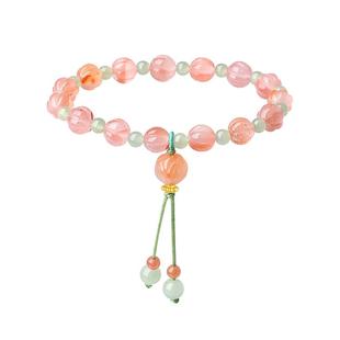 周大生黄金镶玉手串女和田玉南红玛瑙飘花竹节手链送女友新年礼物