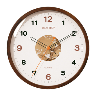 康品实木客厅挂钟家用餐厅高端时钟挂墙新中式中古风花鸟石英钟表