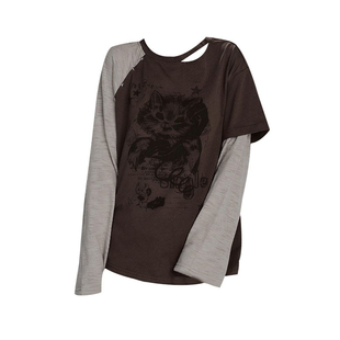 Classy girl美式复古假两件印花长袖t恤女秋季新款设计感宽松上衣