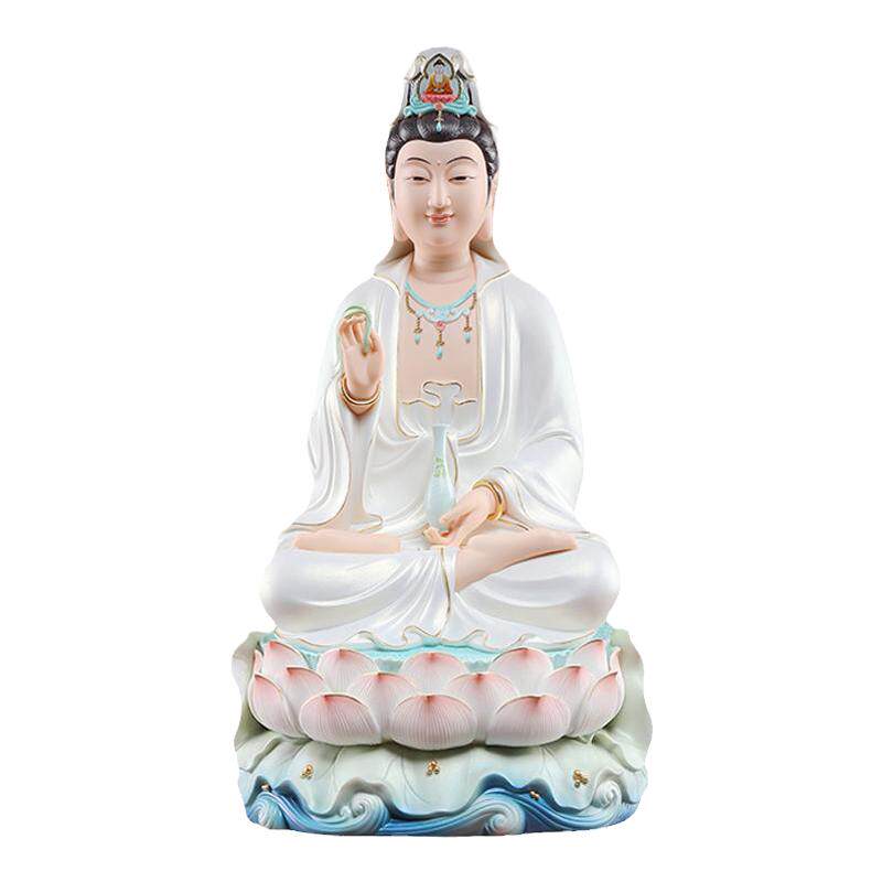 戴玉堂陶瓷坐莲观音菩萨珍珠彩观音佛像家用供奉观世音菩萨像摆件