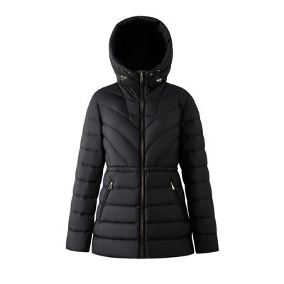 【90%鹅绒】PRICH简约连帽V型绗线收腰中长款羽绒服2025冬新品女