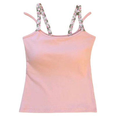 甜辣妹粉色花朵双肩带吊带带胸垫