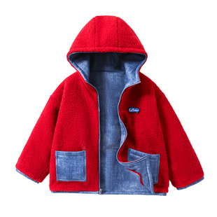 儿童双面穿羊羔绒连帽外套男童加厚加绒休闲棉衣冬季保暖年服外衣
